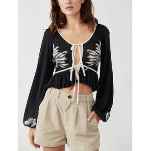 Free People Black and White Embroidered Blouse